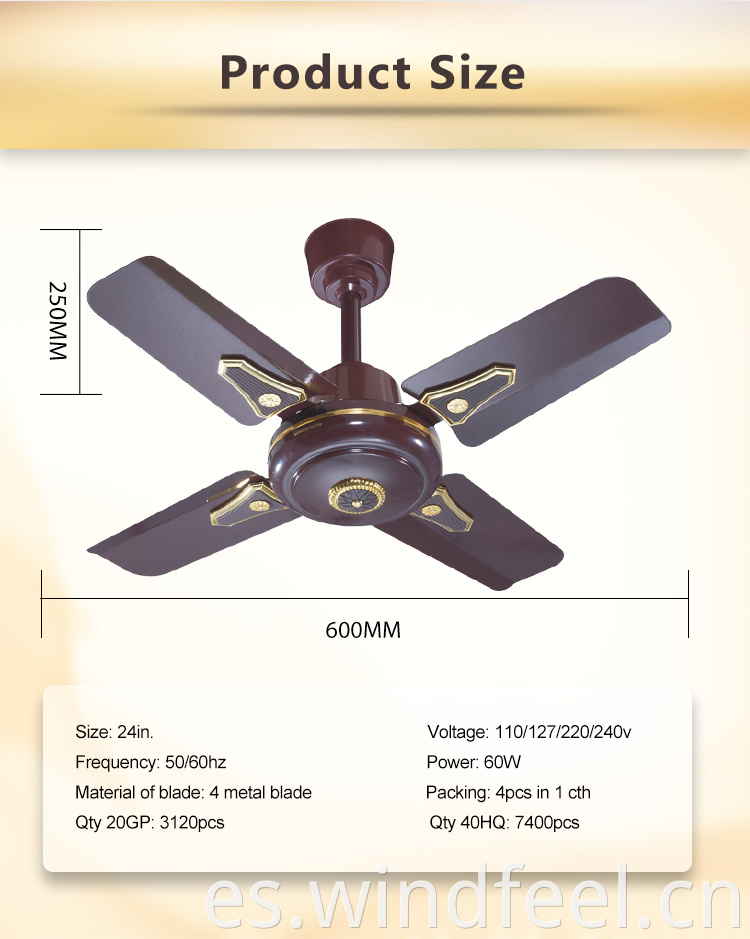 Mini 24 pulgadas 600 mm 4 ventiladores de techo Metro Orient Orl de hoja corta a Nigeria Ghana